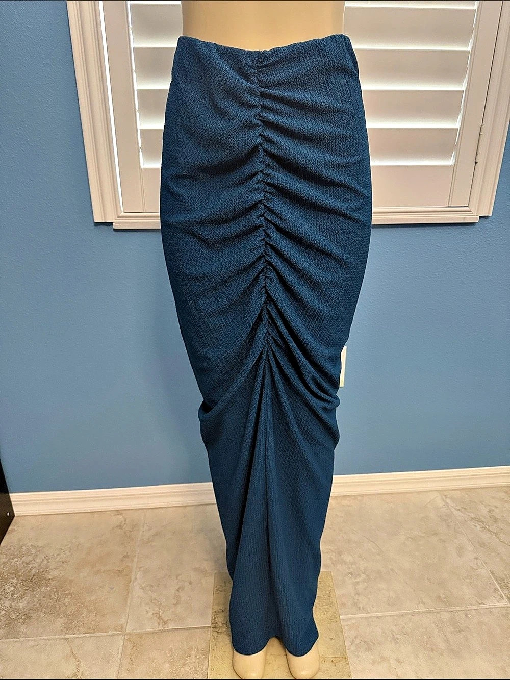 Slinky Ruched Maxi Skirt Blue